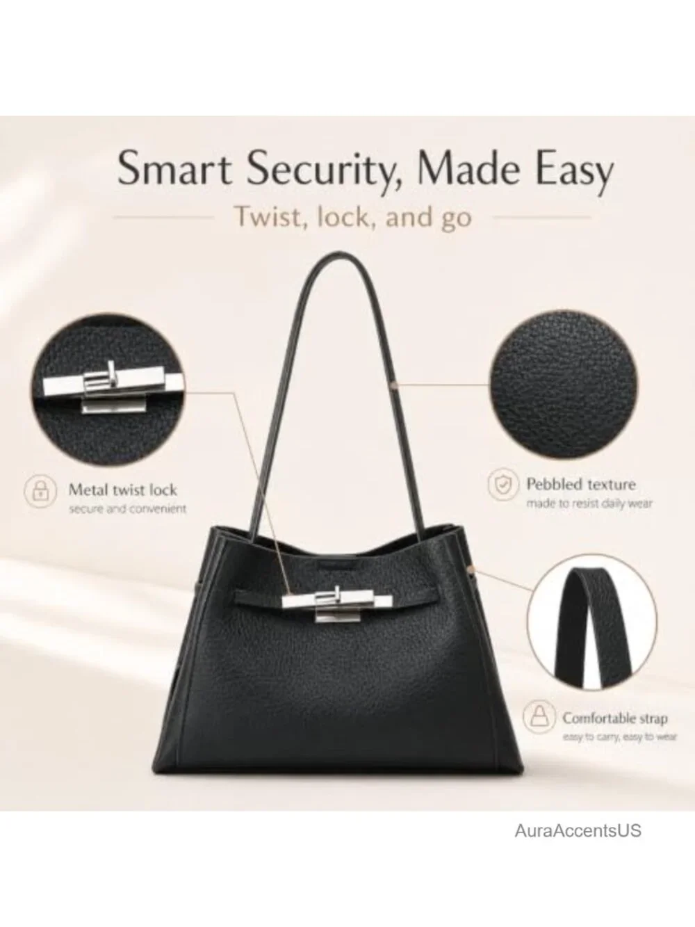 Women's Pebbled PU Leather Tote Bag Set with Lock and Pouch